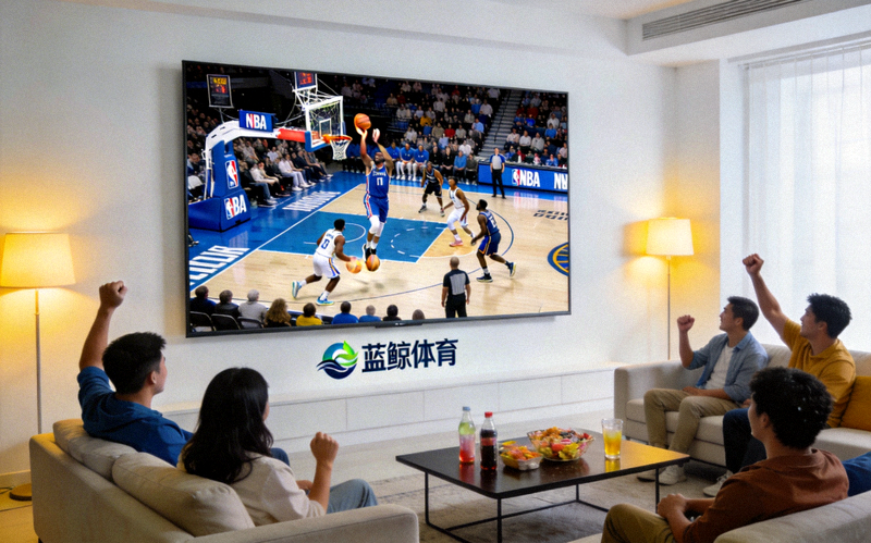 蓝鲸体育大屏投屏观赛场景示意图，电视上正在播放NBA比赛